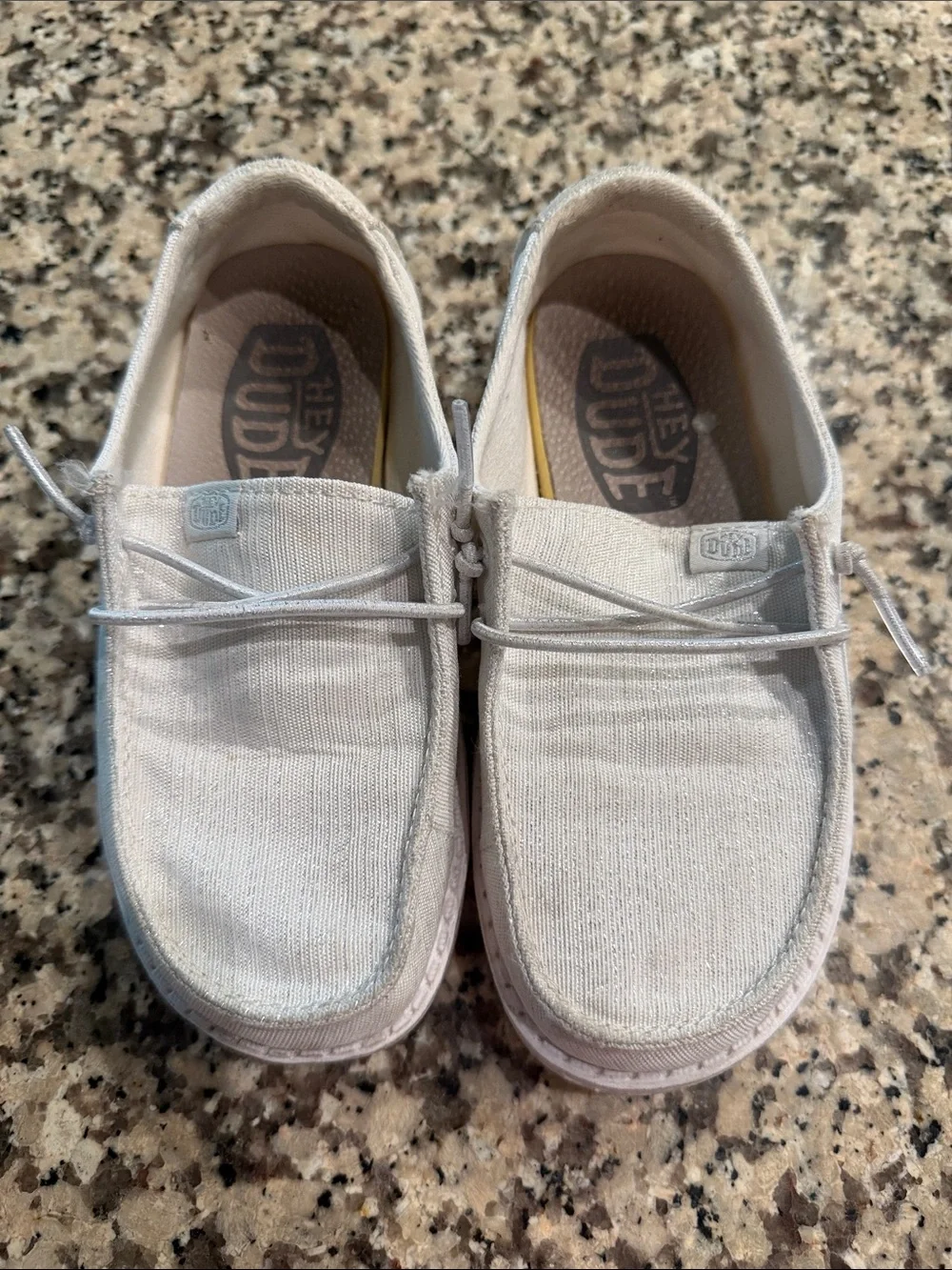 Girls Hey Dude Wendy Youth Glitter Casual Slip-On Shoes in Off-White Size K11